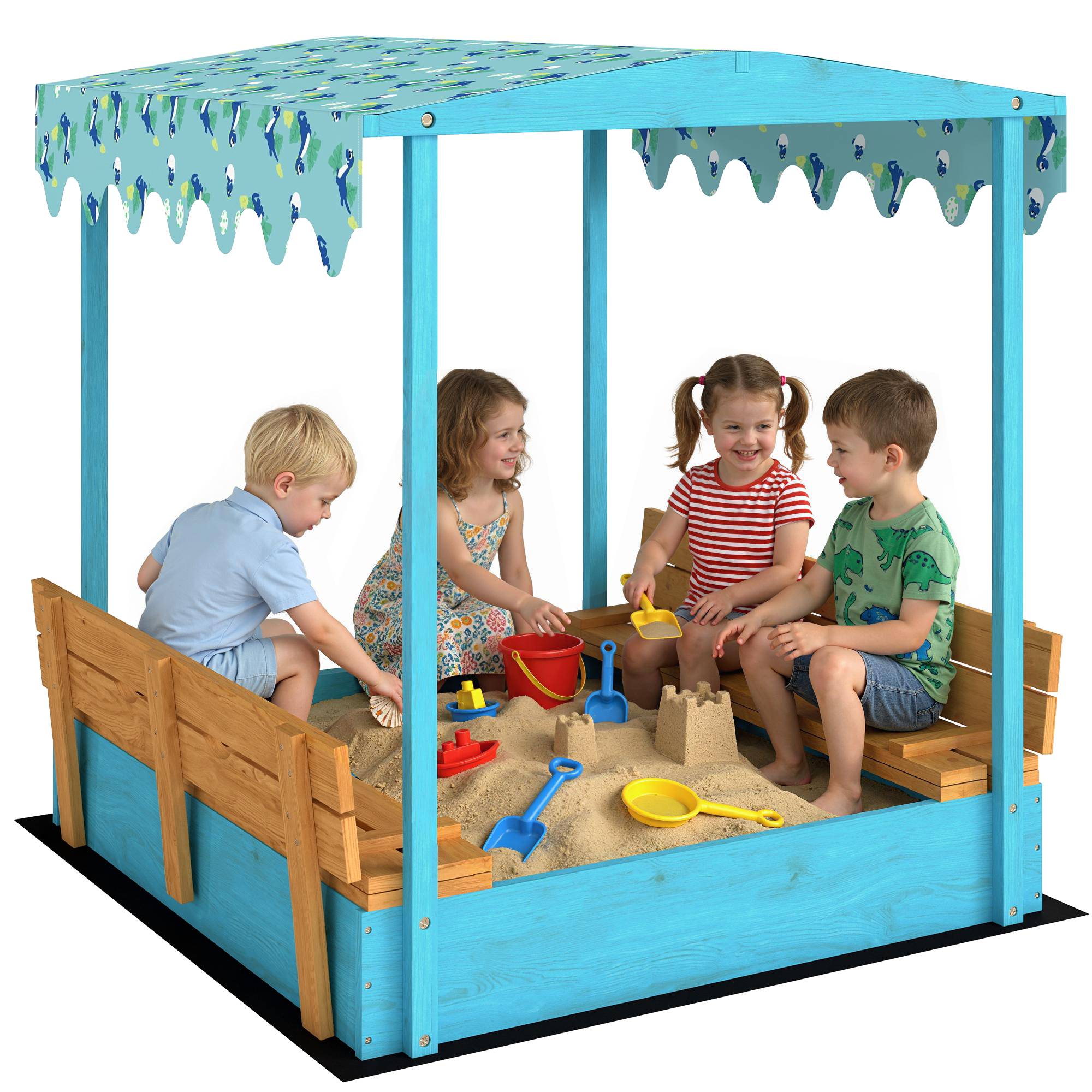 Bac à sable en bois avec couvercle, bac à sable enfant extérieur avec siège pliable toile imprimée flamants bleus