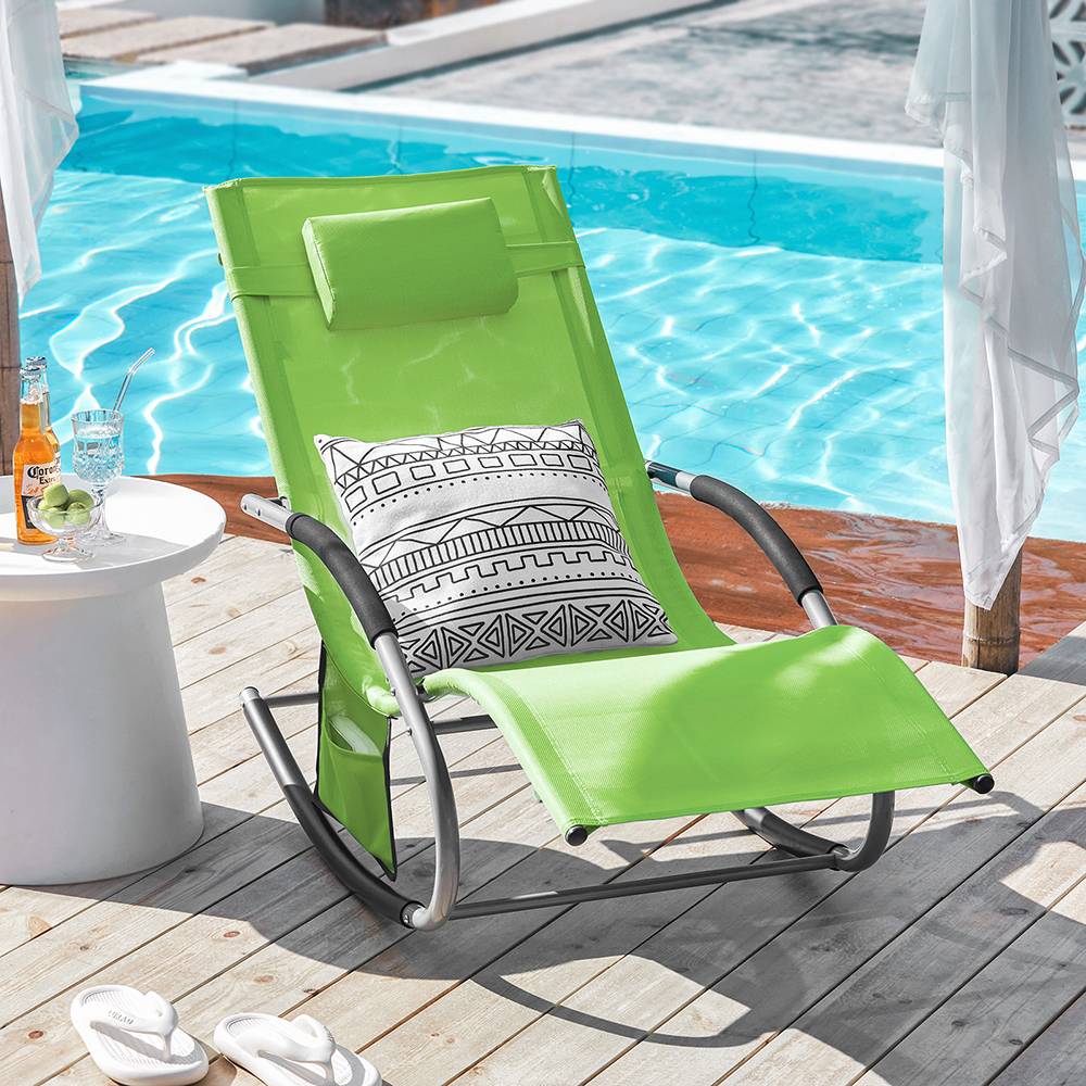 Lot de 2 Bain de Soleil Transat de Jardin avec Appui-tête et Pochette latérale et Repose-Pieds Vert L.150 x l.63 x H.87 cm SoBuy - Imagen 2