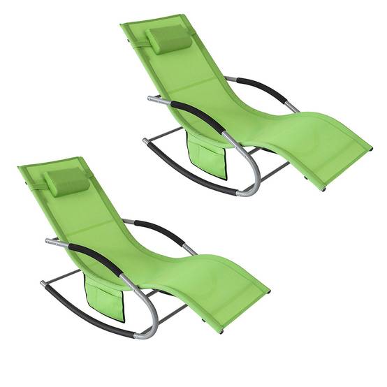 Lot de 2 Bain de Soleil Transat de Jardin avec Appui-tête et Pochette latérale et Repose-Pieds Vert L.150 x l.63 x H.87 cm SoBuy - Image 1