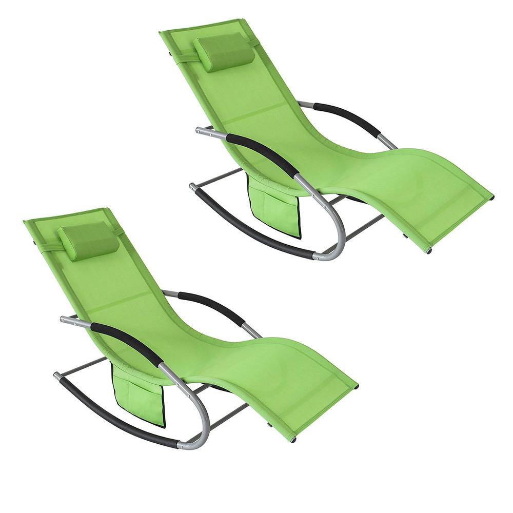 Lot de 2 Bain de Soleil Transat de Jardin avec Appui-tête et Pochette latérale et Repose-Pieds Vert L.150 x l.63 x H.87 cm SoBuy - Imagen 1