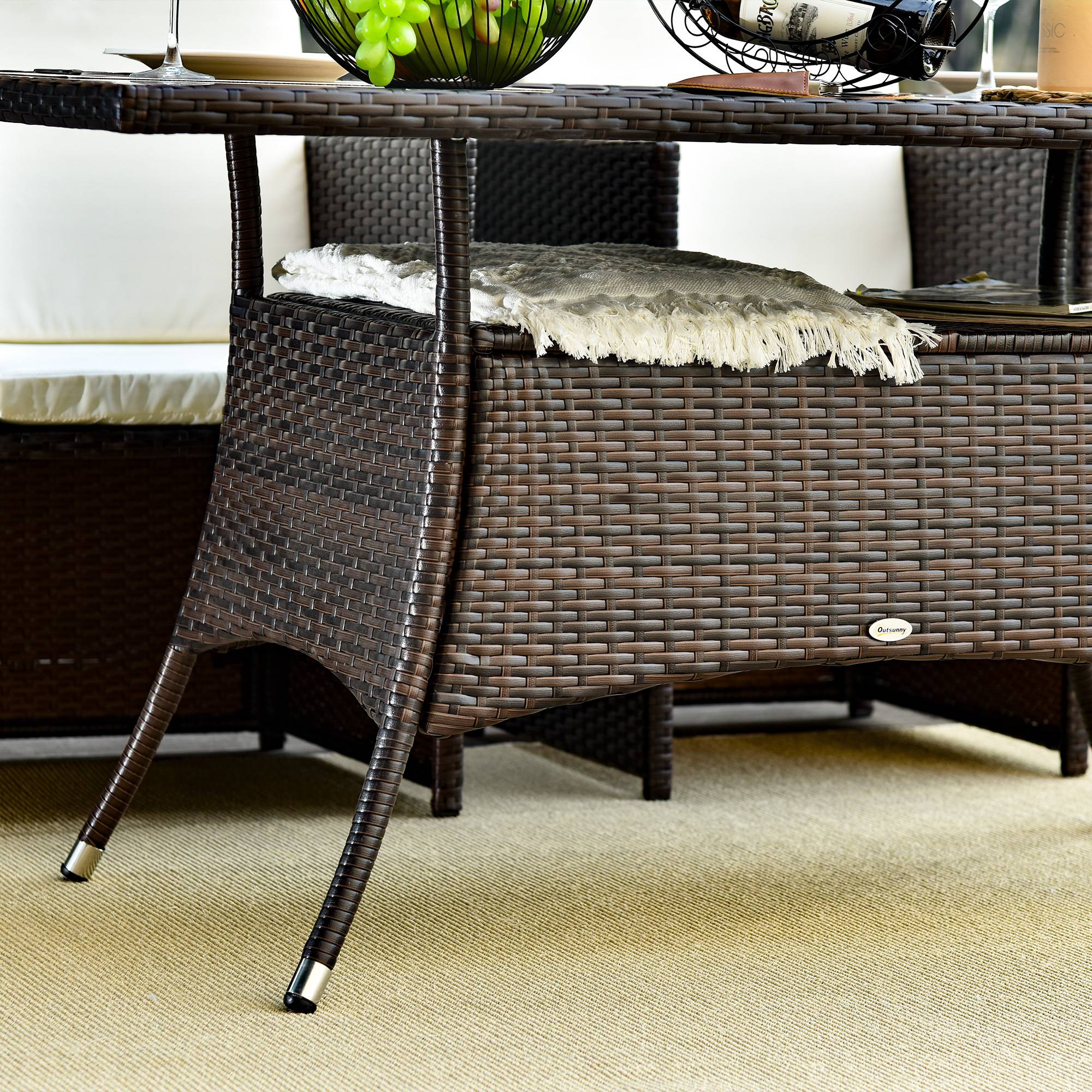 ComfortXL - Table de Jardin Rectangulaire Résine Tressée Verre Trempé Terrasse 150cm Marron - ComfortXL Outdoor Living - Image 7