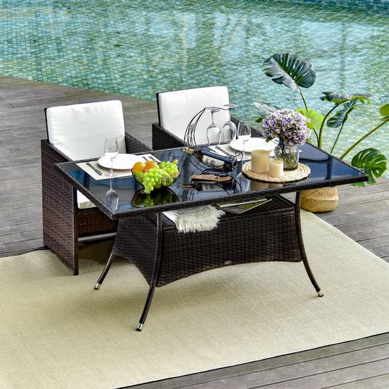ComfortXL - Table de Jardin Rectangulaire Résine Tressée Verre Trempé Terrasse 150cm Marron - ComfortXL Outdoor Living - Image 1