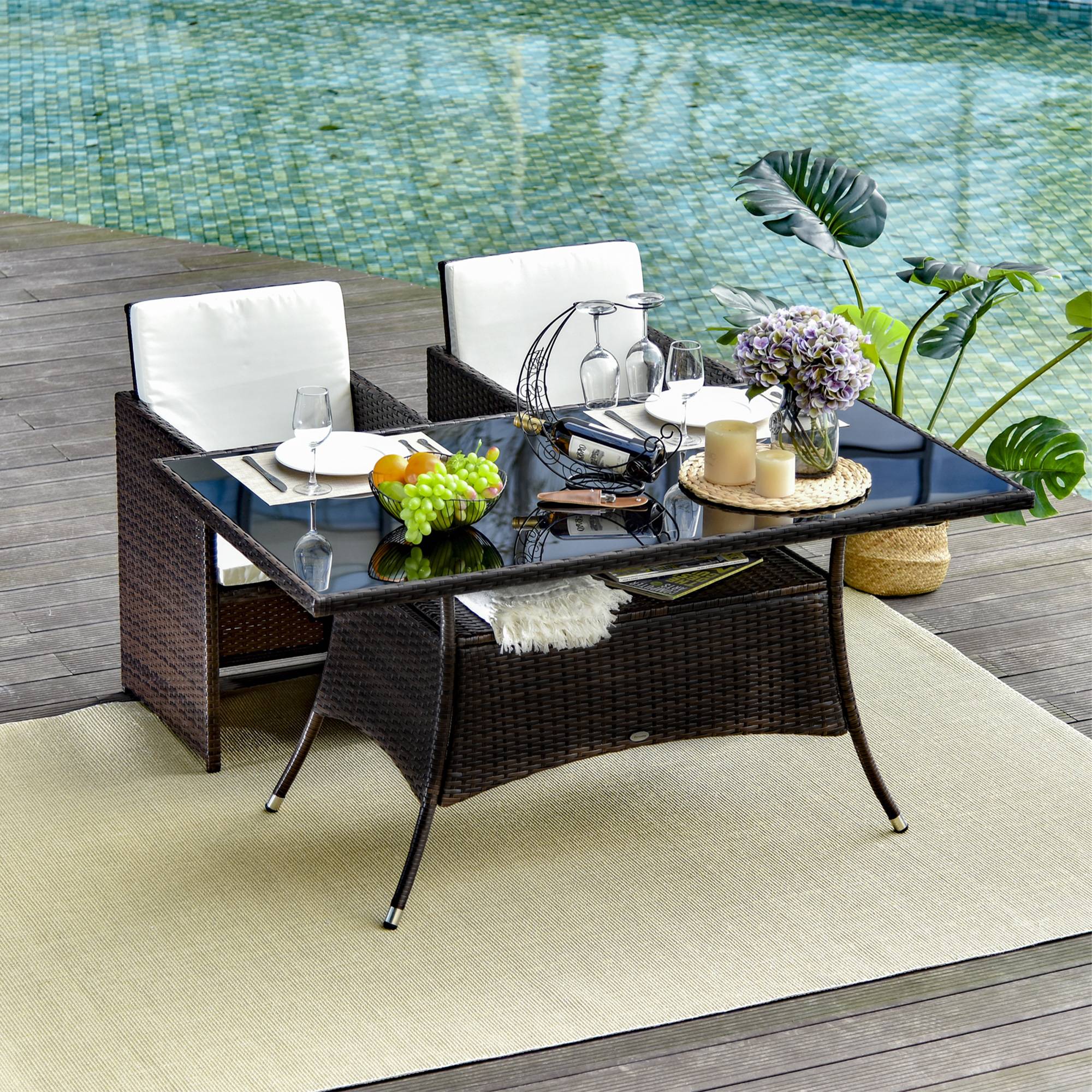 ComfortXL - Table de Jardin Rectangulaire Résine Tressée Verre Trempé Terrasse 150cm Marron - ComfortXL Outdoor Living - Image 1