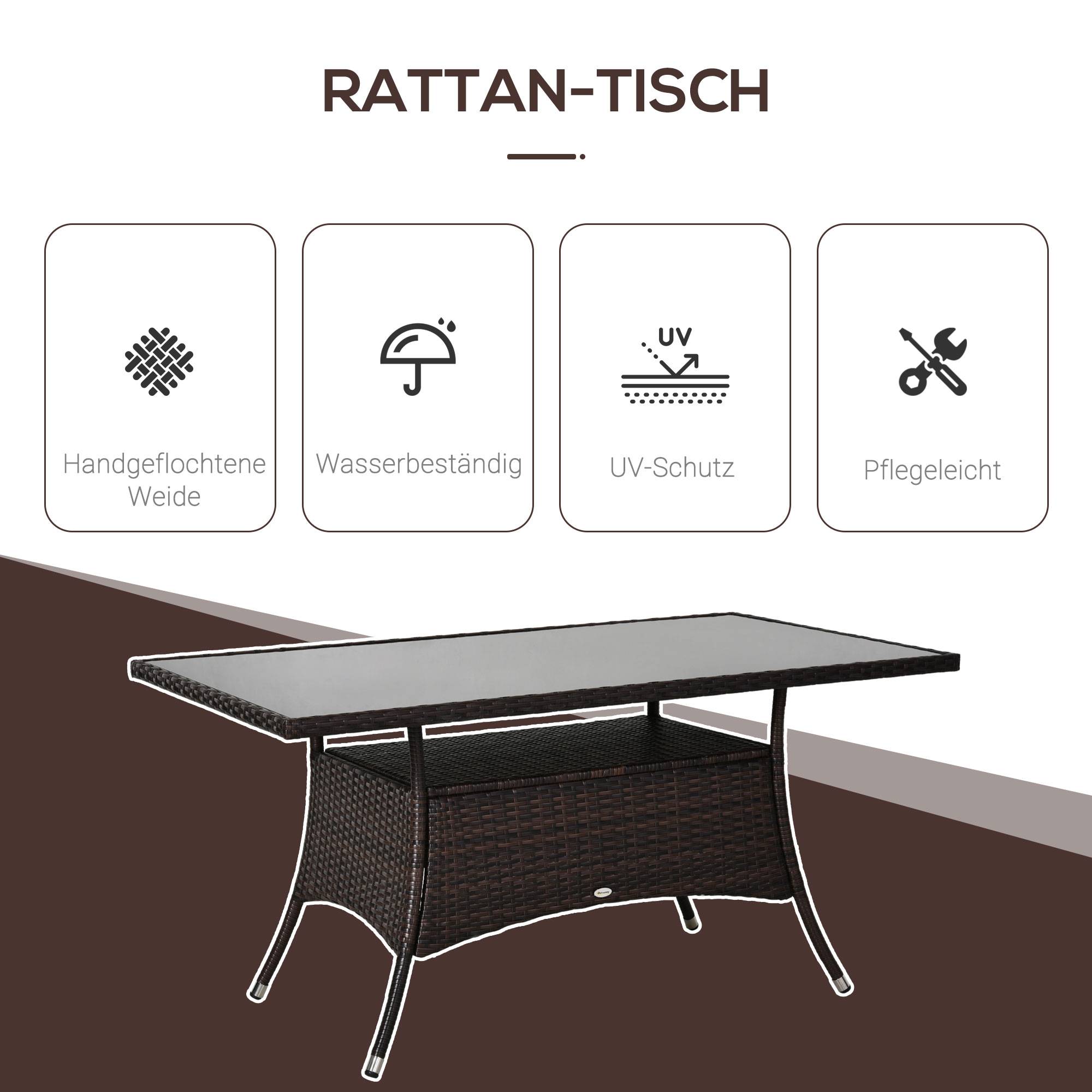 ComfortXL - Table de Jardin Rectangulaire Résine Tressée Verre Trempé Terrasse 150cm Marron - ComfortXL Outdoor Living - Image 4