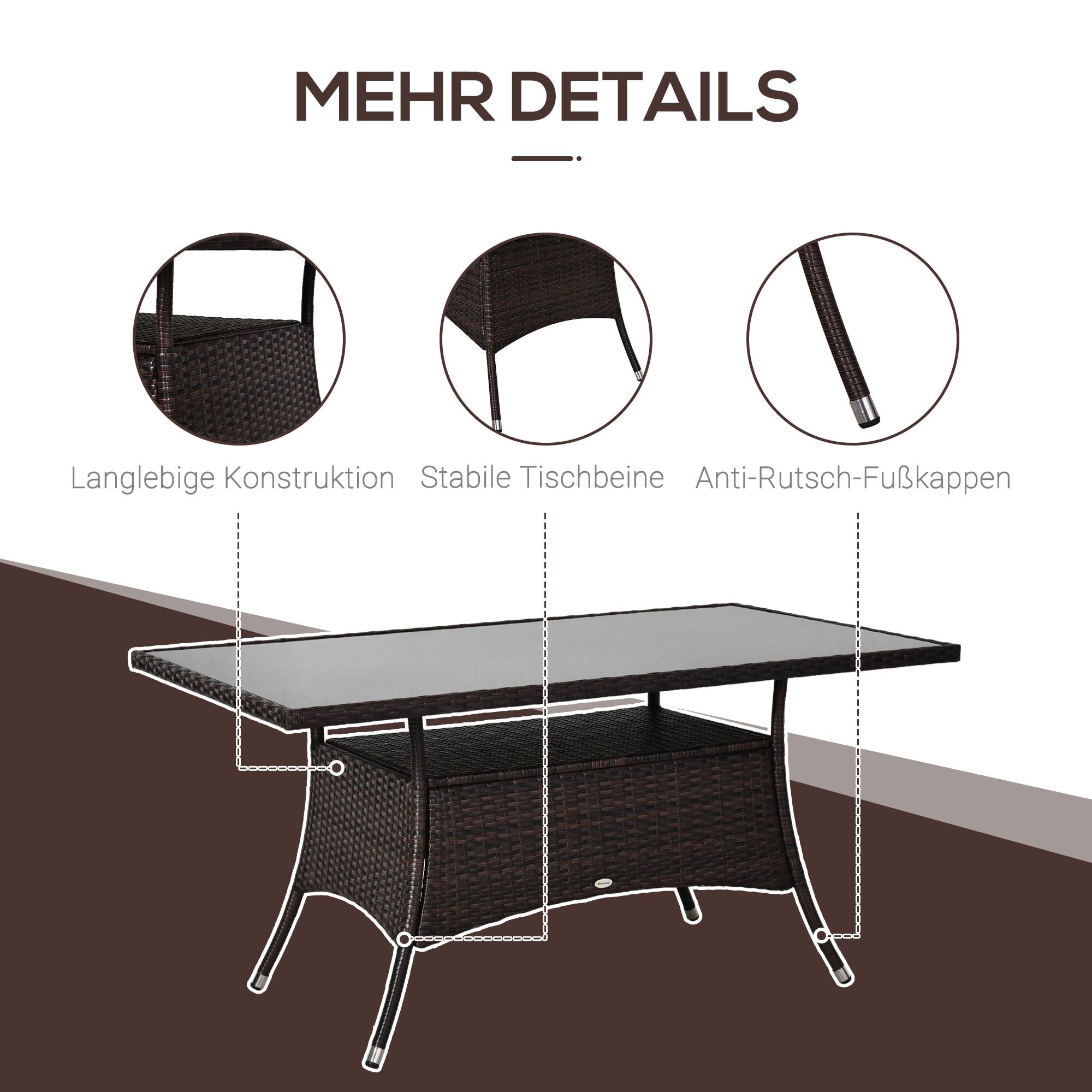 ComfortXL - Table de Jardin Rectangulaire Résine Tressée Verre Trempé Terrasse 150cm Marron - ComfortXL Outdoor Living - Image 5