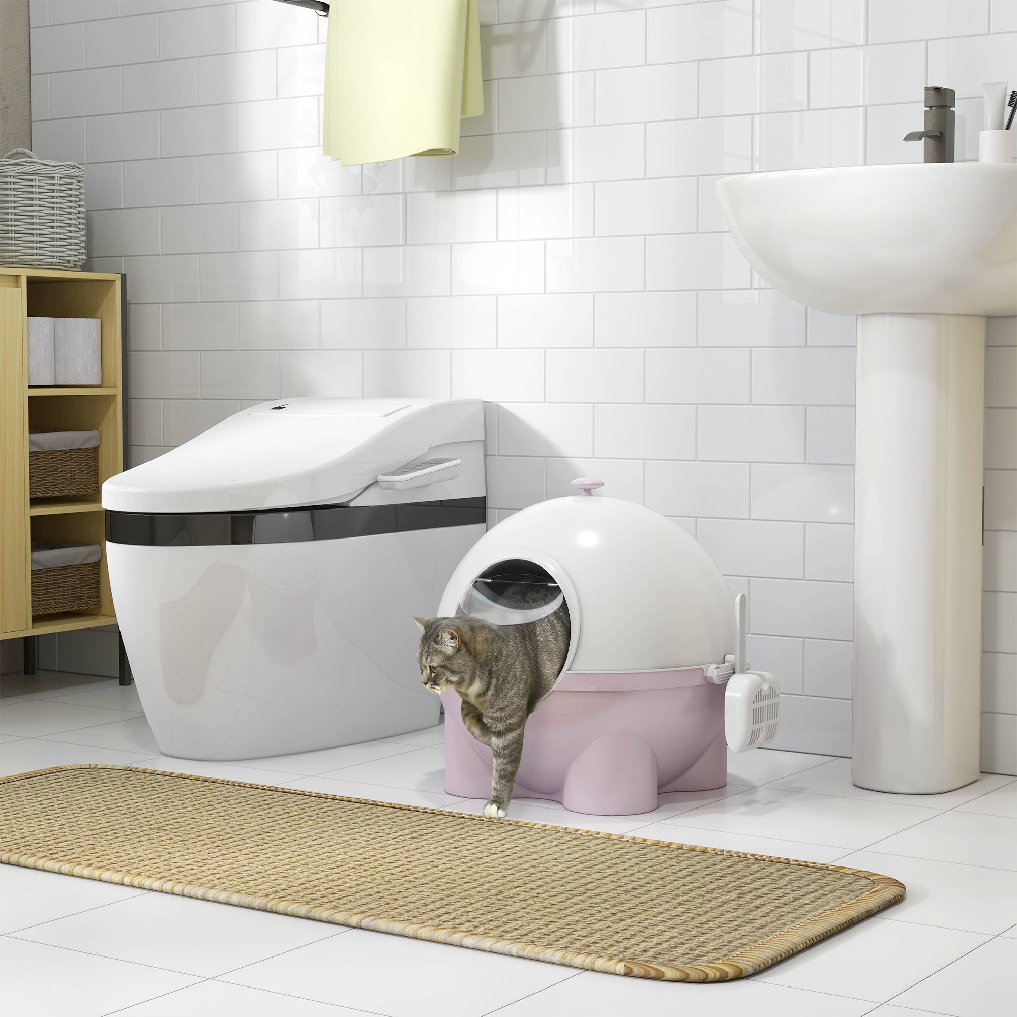 Maison de toilette chat plastique fermée pliable porte battante 53x51x48cm rose blanc - ComfortXL Outdoor Living - Image 4