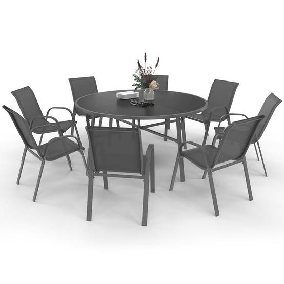 Salon de jardin MADRID table ronde 150 CM et 8 chaises empilables gris anthracite - Image 2