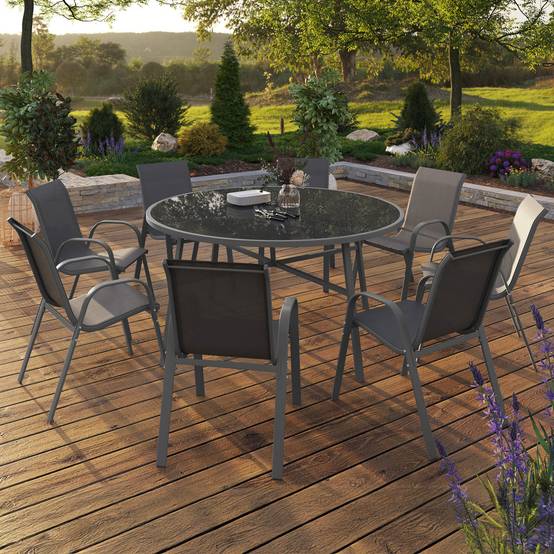 Salon de jardin MADRID table ronde 150 CM et 8 chaises empilables gris anthracite - Image 1
