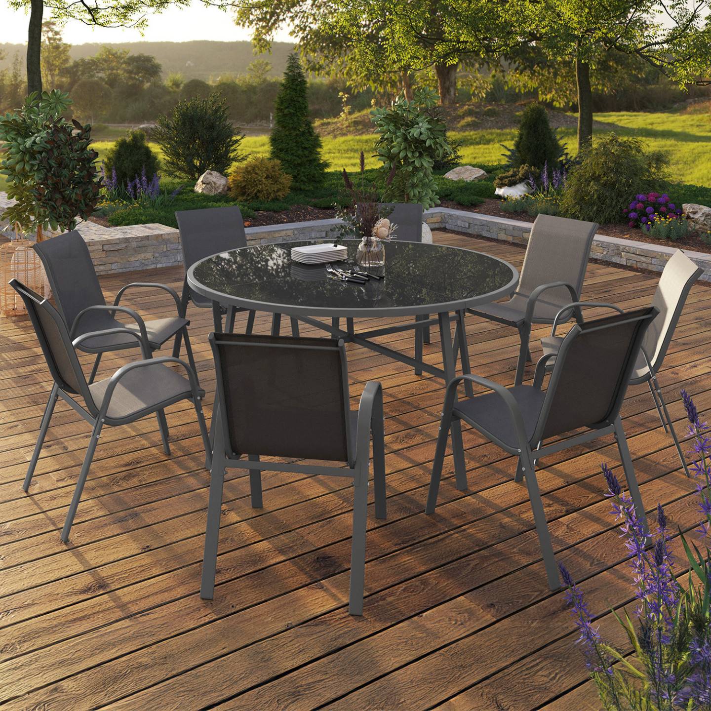 Salon de jardin MADRID table ronde 150 CM et 8 chaises empilables gris anthracite - Image 1
