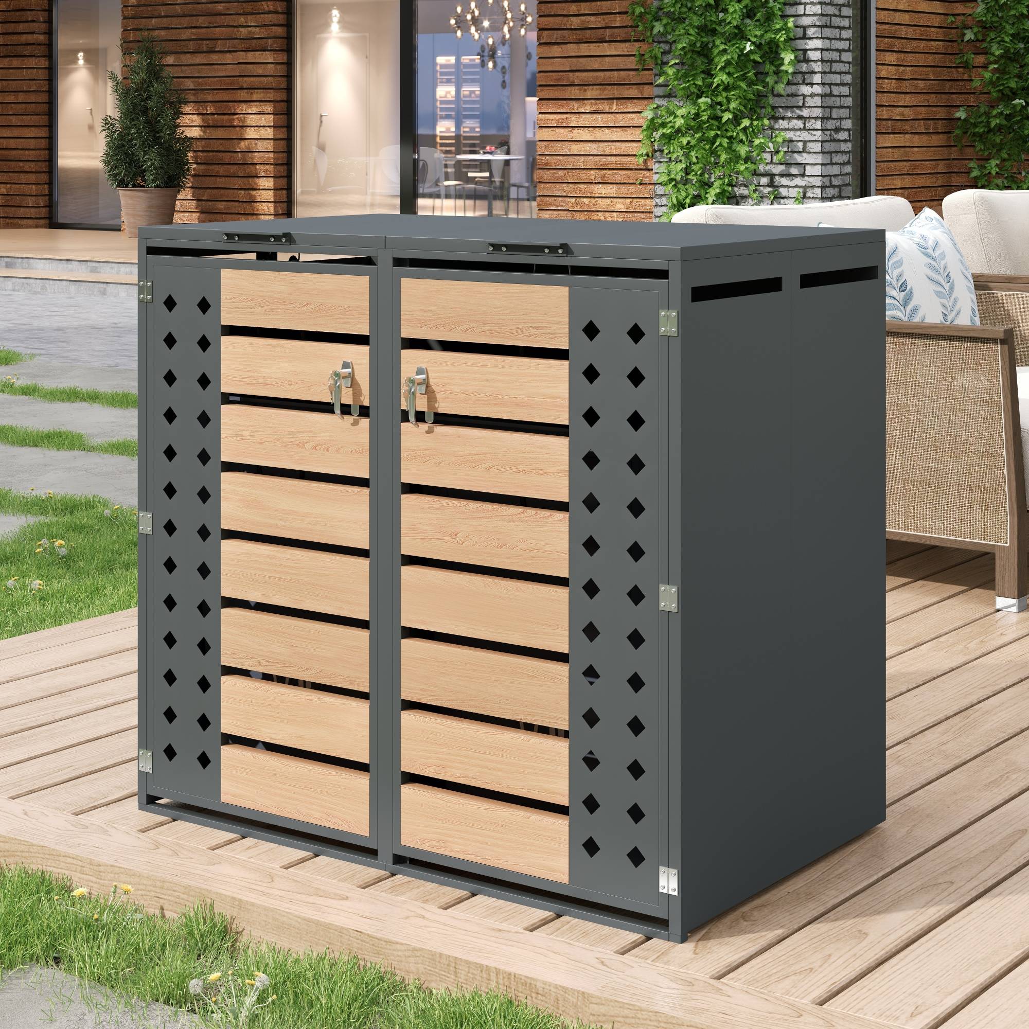 Cache-poubelle double acier galvanisé extérieur ouverture hydraulique 132x80x118cm gris - ComfortXL Outdoor Living - Image 1