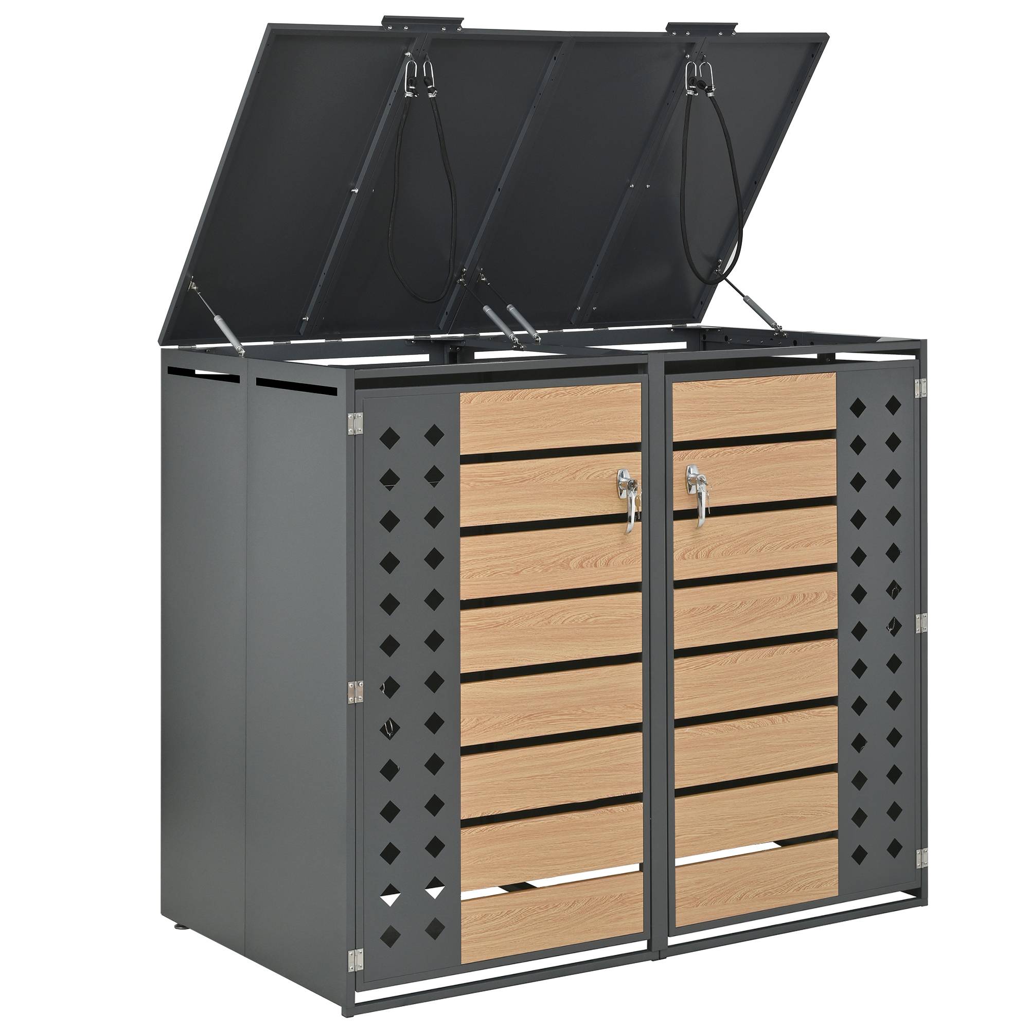 Cache-poubelle double acier galvanisé extérieur ouverture hydraulique 132x80x118cm gris - ComfortXL Outdoor Living - Image 5