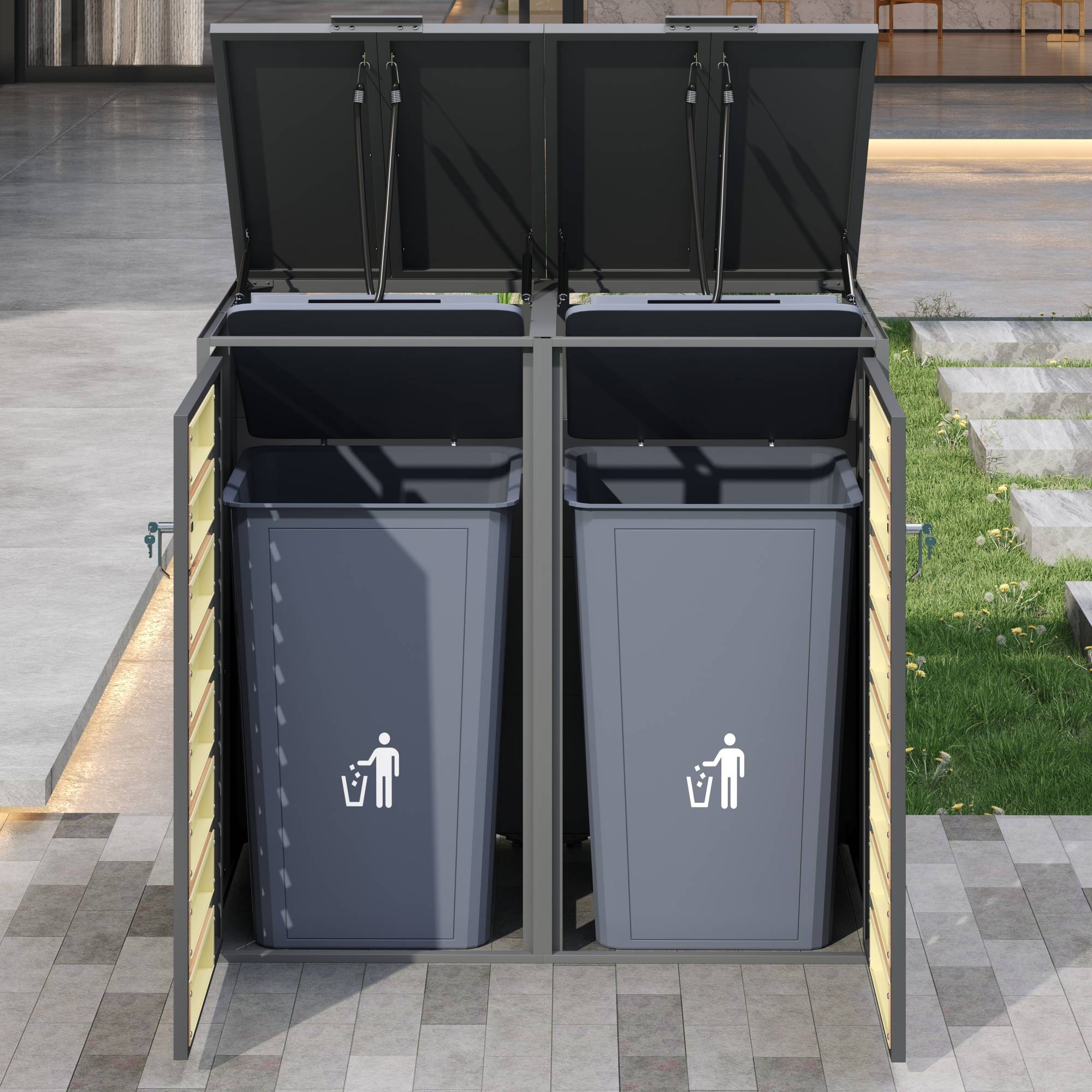 Cache-poubelle double acier galvanisé extérieur ouverture hydraulique 132x80x118cm gris - ComfortXL Outdoor Living - Image 4