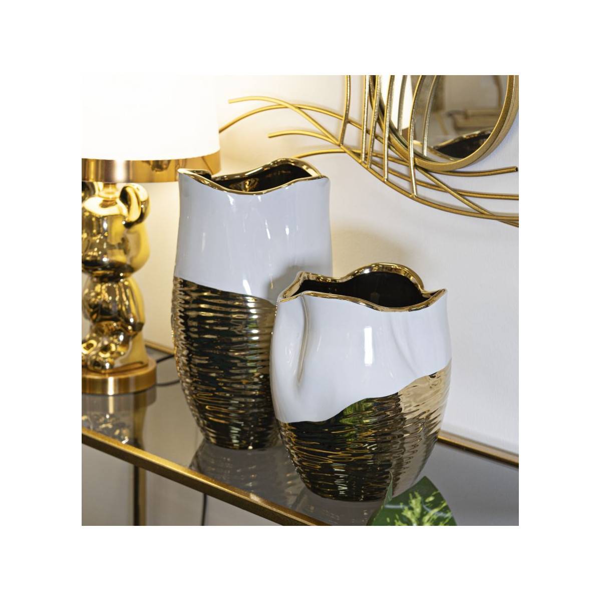 Vase Design en Céramique "Lux" 35cm Blanc & Or - Image 5