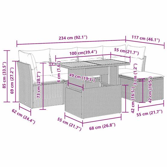Salon de jardin 6 places beige résine tressée et bois avec table relevable et pouf coffre – ComfortXL Outdoor Living - Image 5