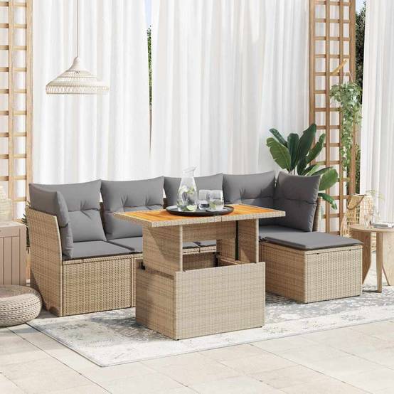 Salon de jardin 6 places beige résine tressée et bois avec table relevable et pouf coffre – ComfortXL Outdoor Living - Image 1