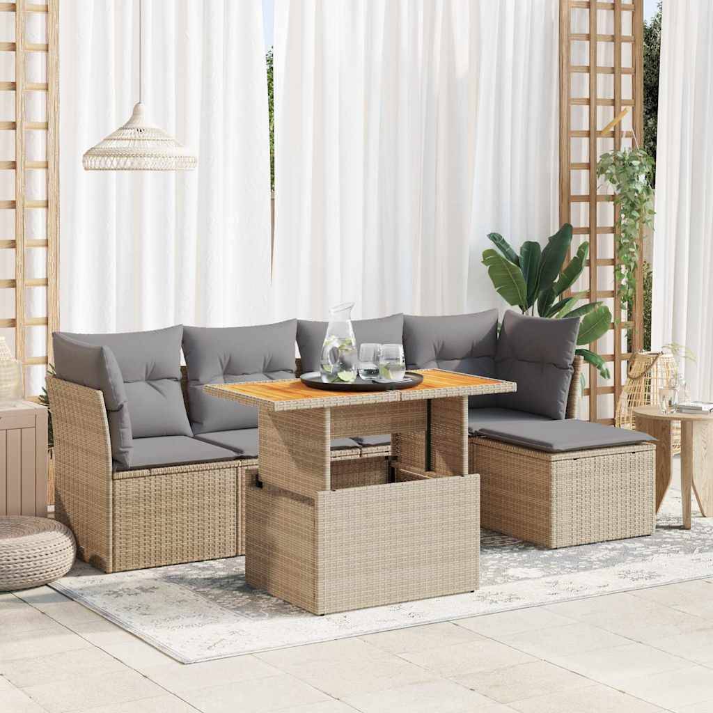 Salon de jardin 6 places beige résine tressée et bois avec table relevable et pouf coffre – ComfortXL Outdoor Living - Image 1