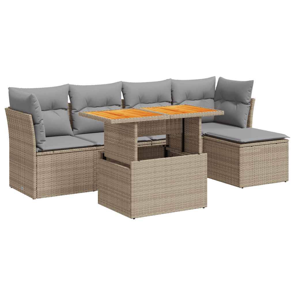 Salon de jardin 6 places beige résine tressée et bois avec table relevable et pouf coffre – ComfortXL Outdoor Living - Image 2