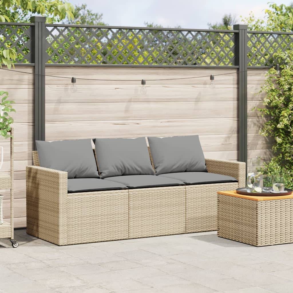 Canapé Extérieur 3 Places Polyrotin Beige Coussins Gris Clair Style Naturel Jardin – ComfortXL Outdoor Living - Image 3