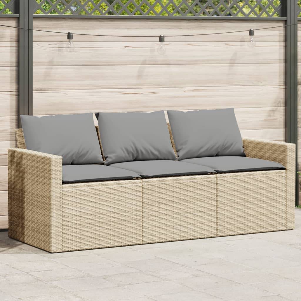 Canapé Extérieur 3 Places Polyrotin Beige Coussins Gris Clair Style Naturel Jardin – ComfortXL Outdoor Living - Image 1