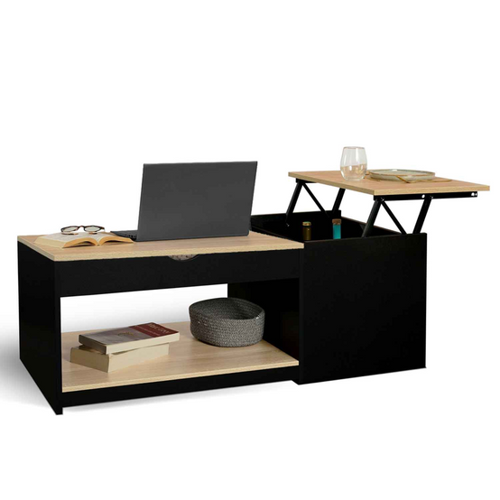 Table basse 2 plateaux relevables rectangulaire ELEA avec coffre bois noir et façon hêtre - Image 4