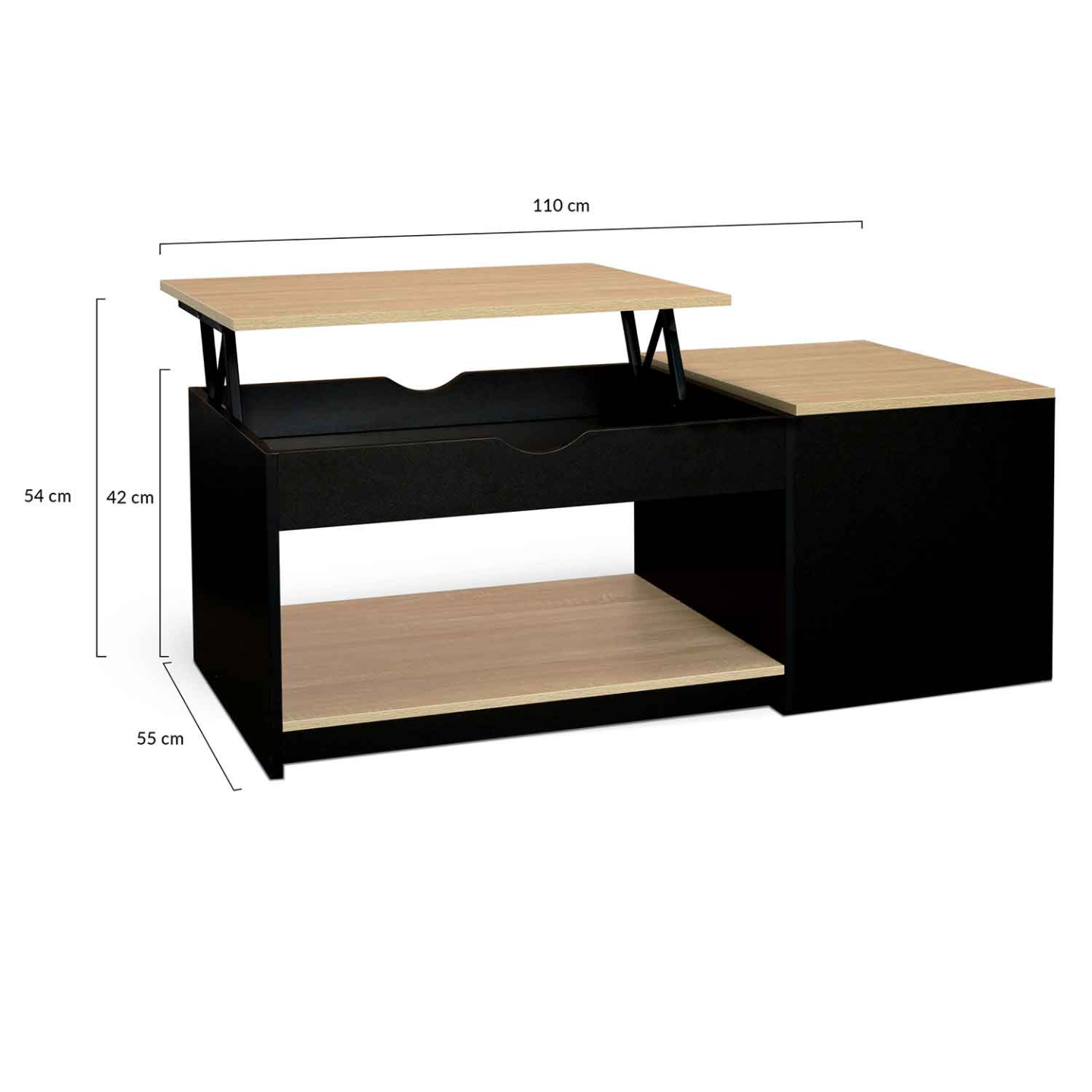 Table basse 2 plateaux relevables rectangulaire ELEA avec coffre bois noir et façon hêtre - Image 5