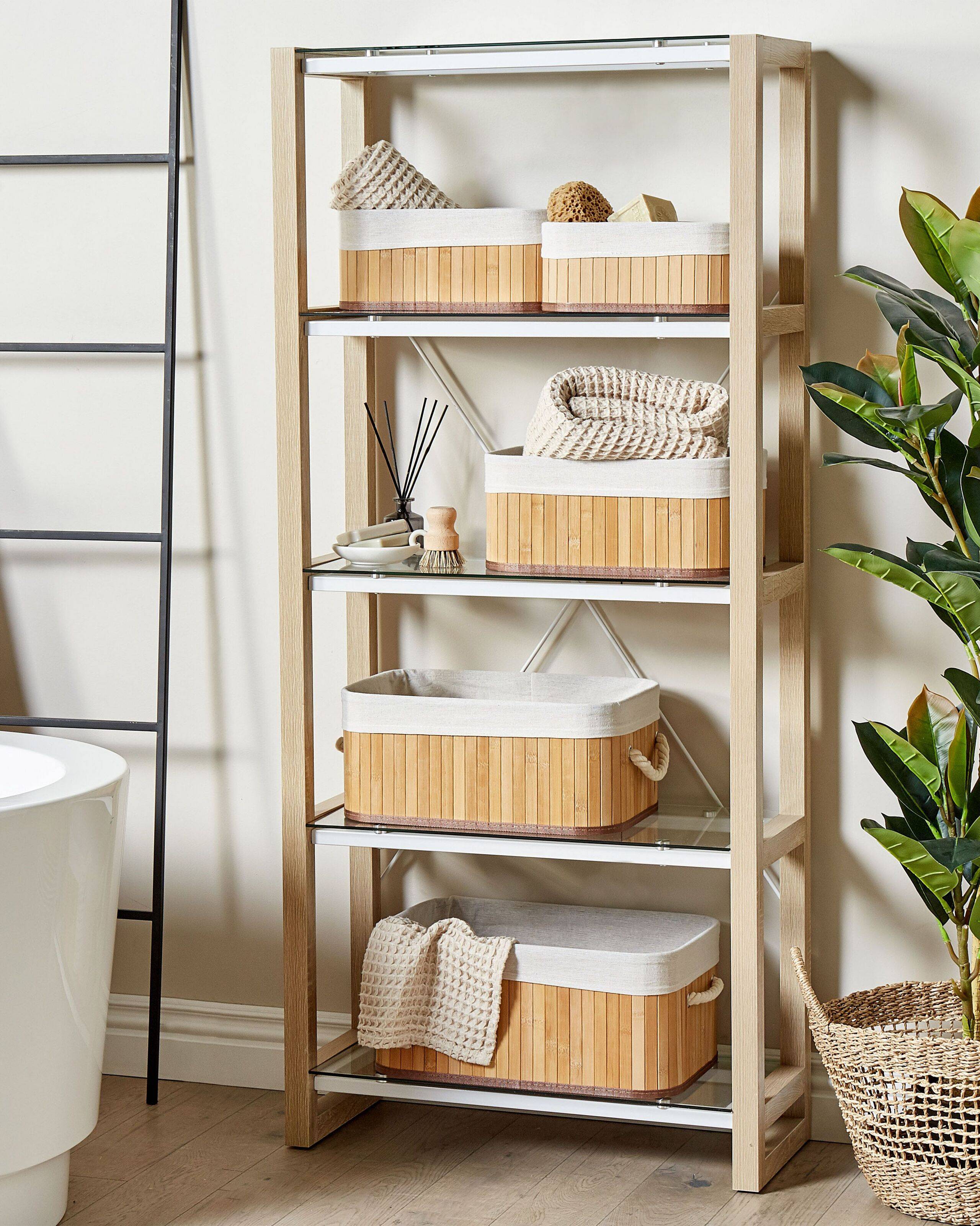Paniers Teinte Bois Clair en Bambou Coton et Viscose Bacs Rangement à Linge Rectangle à Anses Pratiques pour Salle de Bains Lot de 5 - Imagen 2