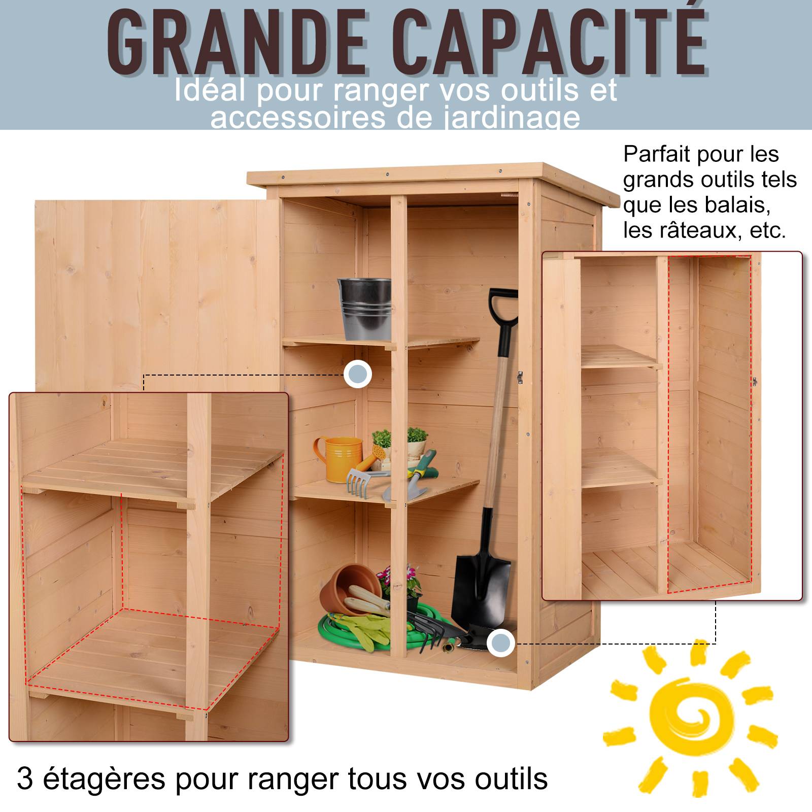 Outsunny - Armoire abri de Jardin 75x56x115cm Porte verrouillable 2 étagères Toit bitumé incliné Bois de Sapin - Outsunny - Image 4