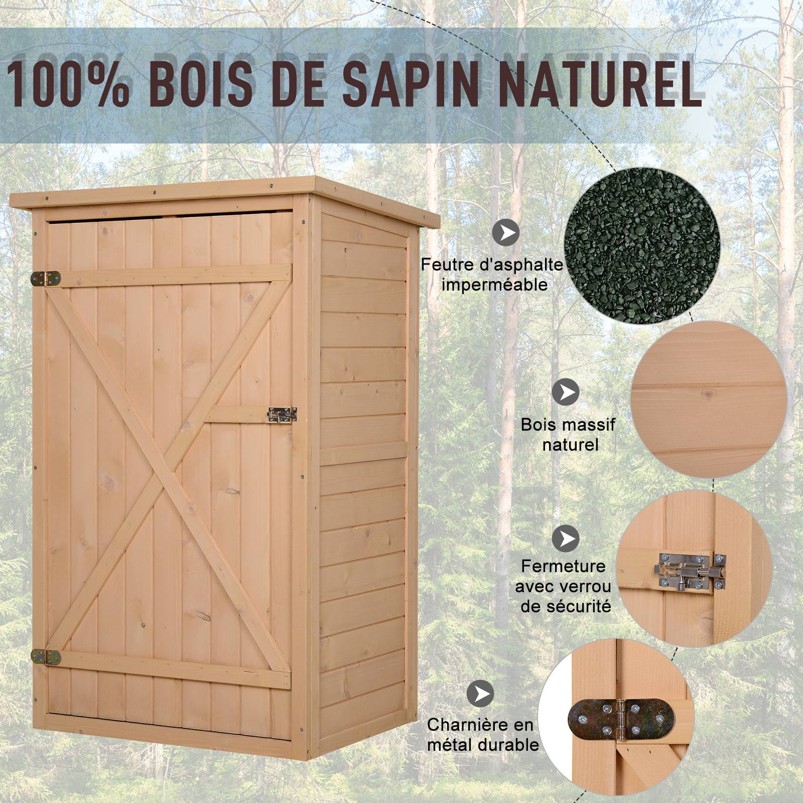 Outsunny - Armoire abri de Jardin 75x56x115cm Porte verrouillable 2 étagères Toit bitumé incliné Bois de Sapin - Outsunny - Image 5