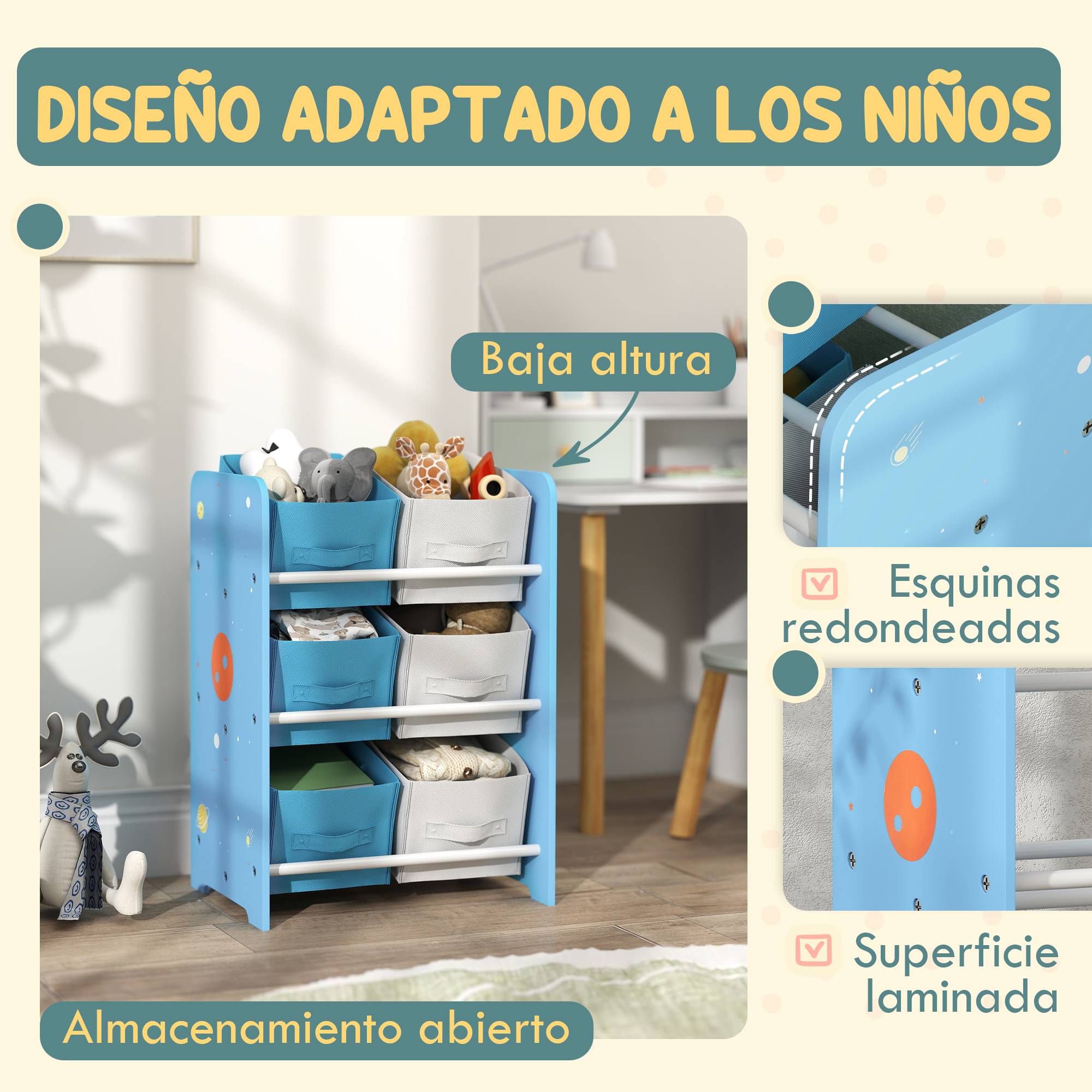 Étagère à livres pour enfants dès 3 ans, étagère à jouets avec 6 bacs en tissu non tissé, 43 x 30 x 60 cm, bleue - Image 7