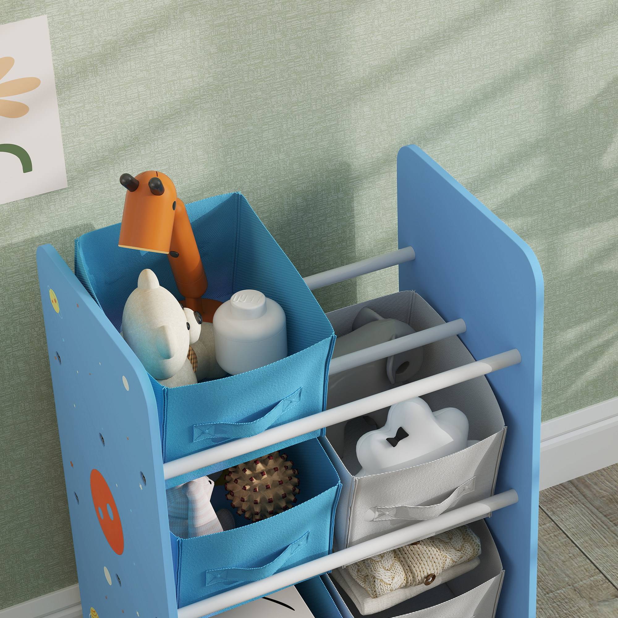 Étagère à livres pour enfants dès 3 ans, étagère à jouets avec 6 bacs en tissu non tissé, 43 x 30 x 60 cm, bleue - Image 9