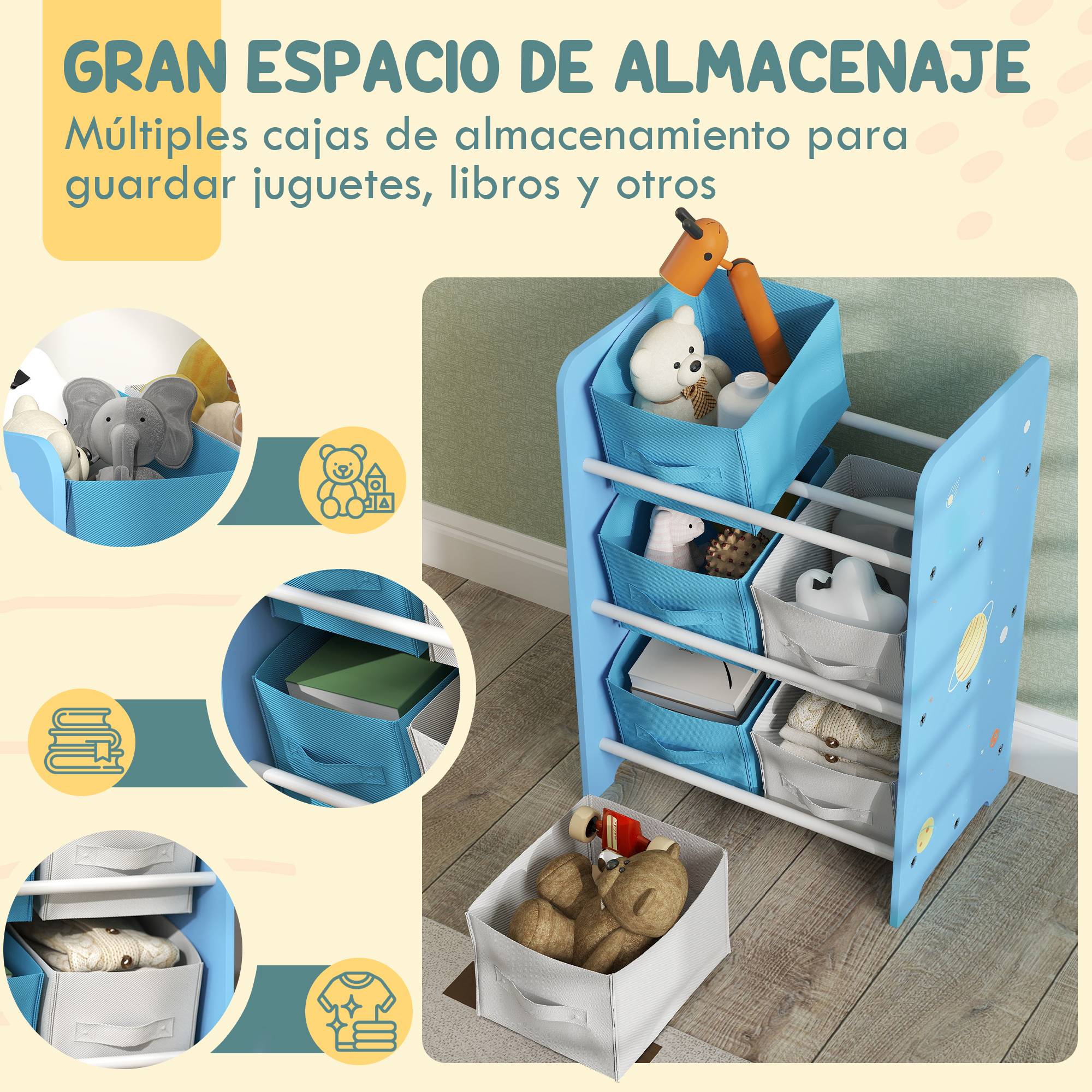 Étagère à livres pour enfants dès 3 ans, étagère à jouets avec 6 bacs en tissu non tissé, 43 x 30 x 60 cm, bleue - Image 6
