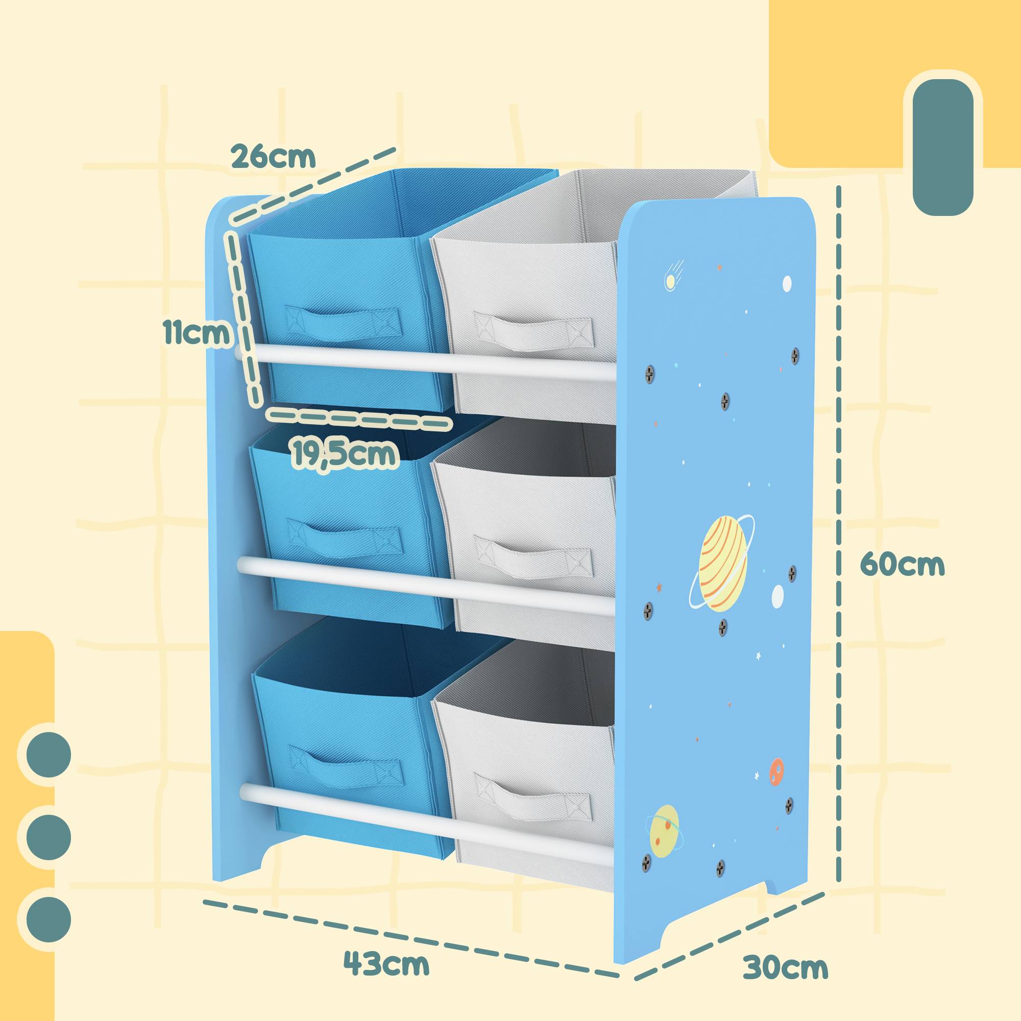 Étagère à livres pour enfants dès 3 ans, étagère à jouets avec 6 bacs en tissu non tissé, 43 x 30 x 60 cm, bleue - Image 5