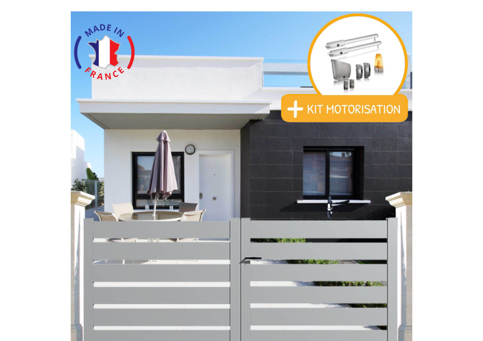 Portail Packit - Portail alu battant SAH en kit +MOT dim. L.3500 (entre piliers) X H.1500 mmMOT SGS Essential (vérins)  Gris Lumière (RAL 7035)