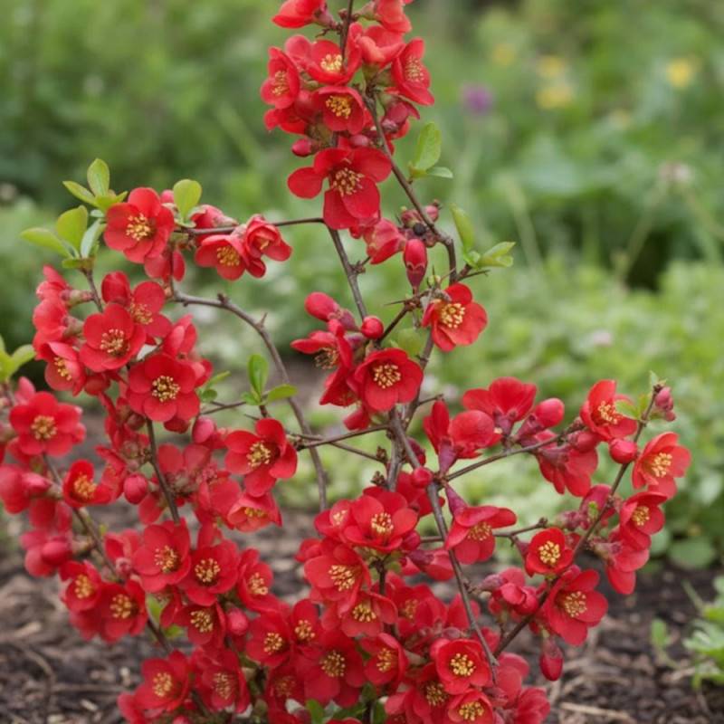 Cognassier du Japon Crimson and Gold, Chaenomeles à fleurs Rouge - feuillage Caduc - Pot de 3L - 40/60 cm-  hauteur à maturité De 3,00 m à 5,00 m - Imagen 2