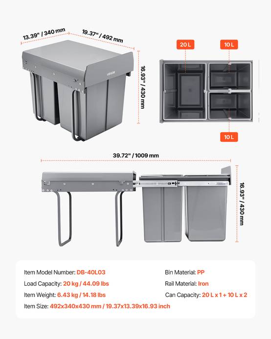 Poubelle Extractible Coulissante Réglable – Acier Inox Pour Cuisine 20-38L (Noir, Sans Poubelle)
