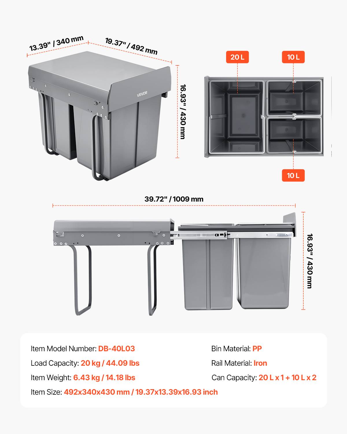 Poubelle Extractible Coulissante Réglable – Acier Inox Pour Cuisine 20-38L (Noir, Sans Poubelle)