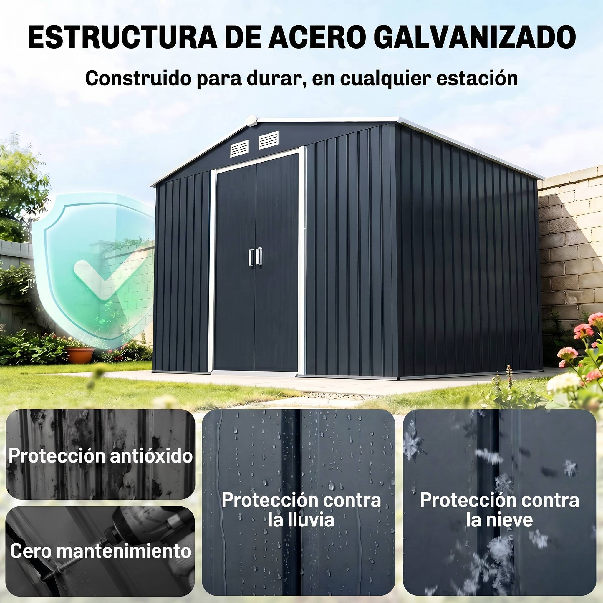 Abri de jardin 4,9 m² 277 x 195 x 192 cm avec 2 portes coulissantes, base renforcée (plancher non inclus), gris foncé - Image 6