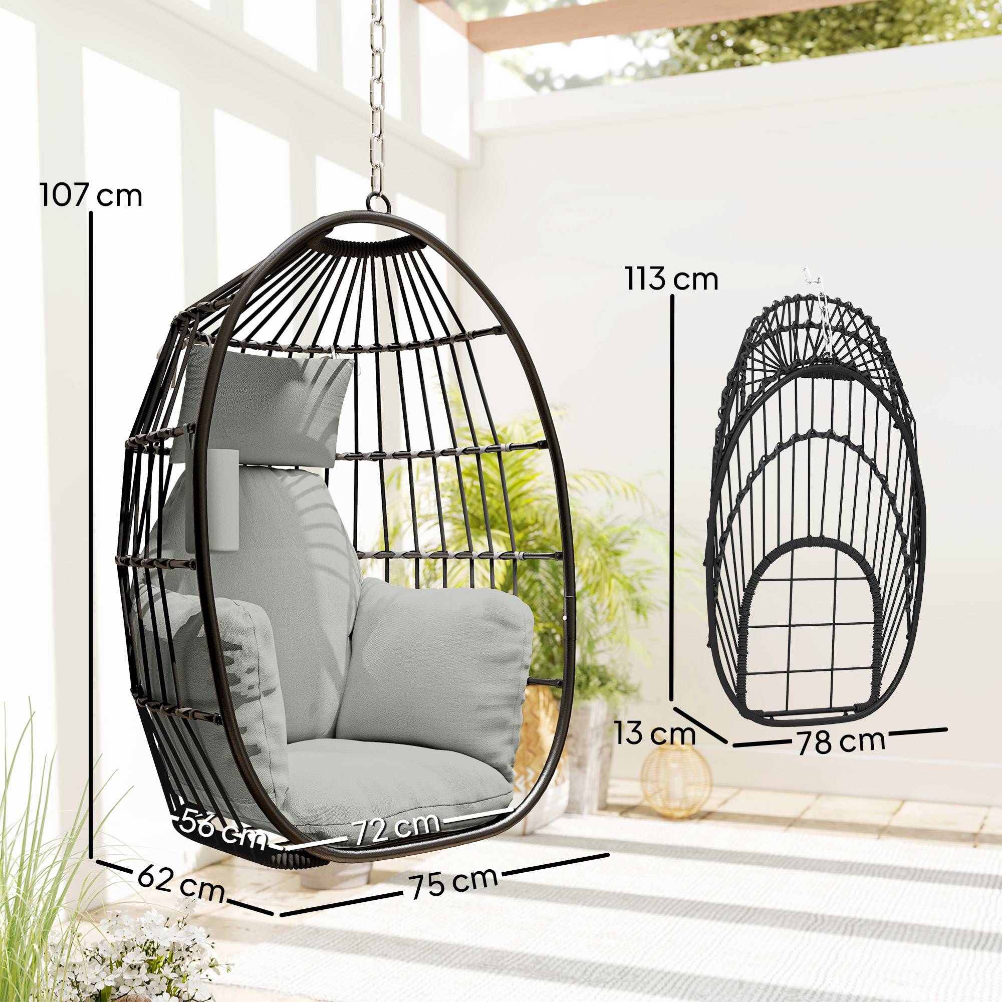Fauteuil Œuf Suspendu Acier Balcon Pliable Coussin Moelleux Gris - ComfortXL Outdoor Living - Image 5