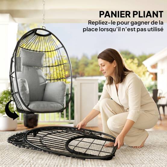 Fauteuil Œuf Suspendu Acier Balcon Pliable Coussin Moelleux Gris - ComfortXL Outdoor Living - Image 7