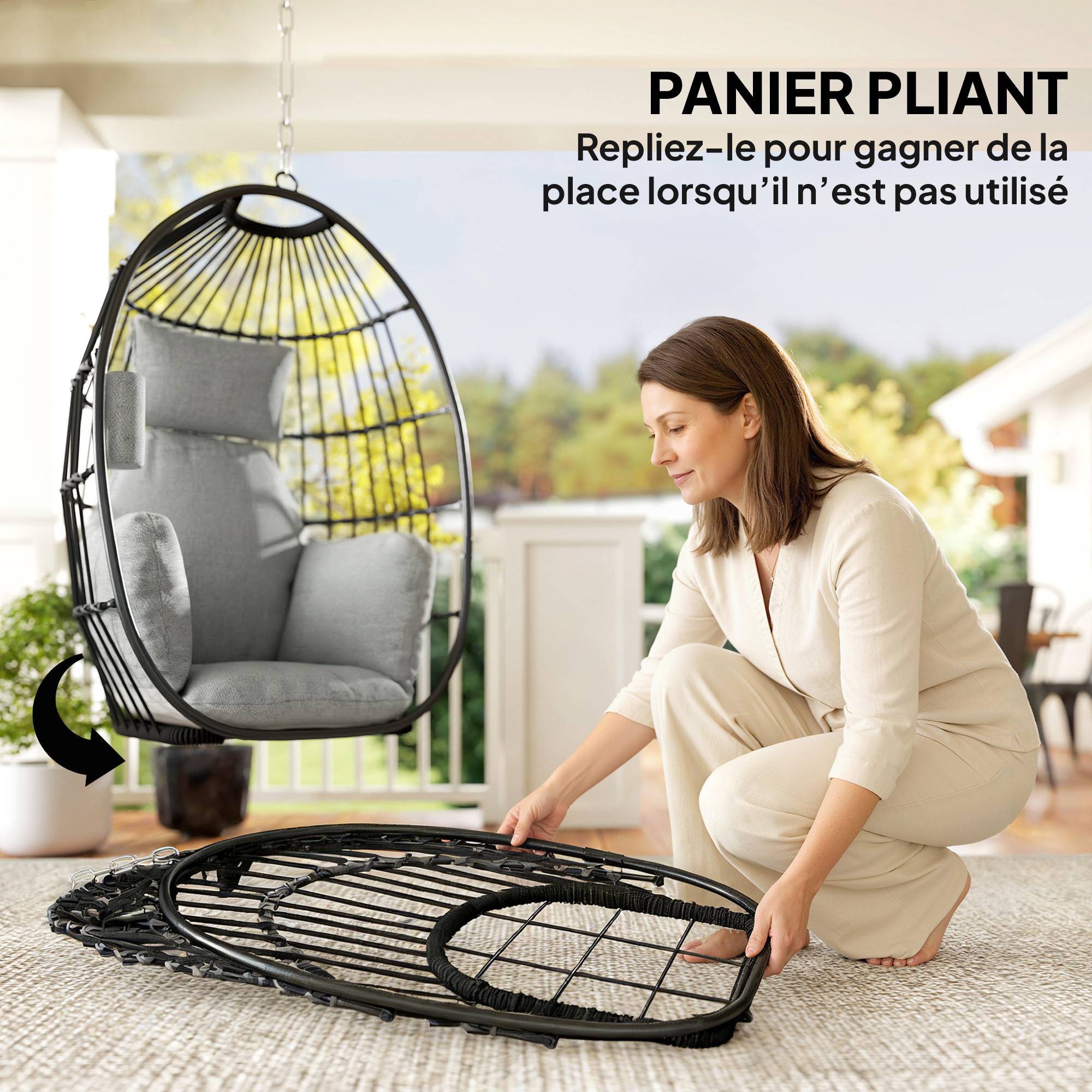 Fauteuil Œuf Suspendu Acier Balcon Pliable Coussin Moelleux Gris - ComfortXL Outdoor Living - Image 7
