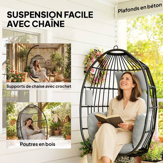 Fauteuil Œuf Suspendu Acier Balcon Pliable Coussin Moelleux Gris - ComfortXL Outdoor Living - Image 10