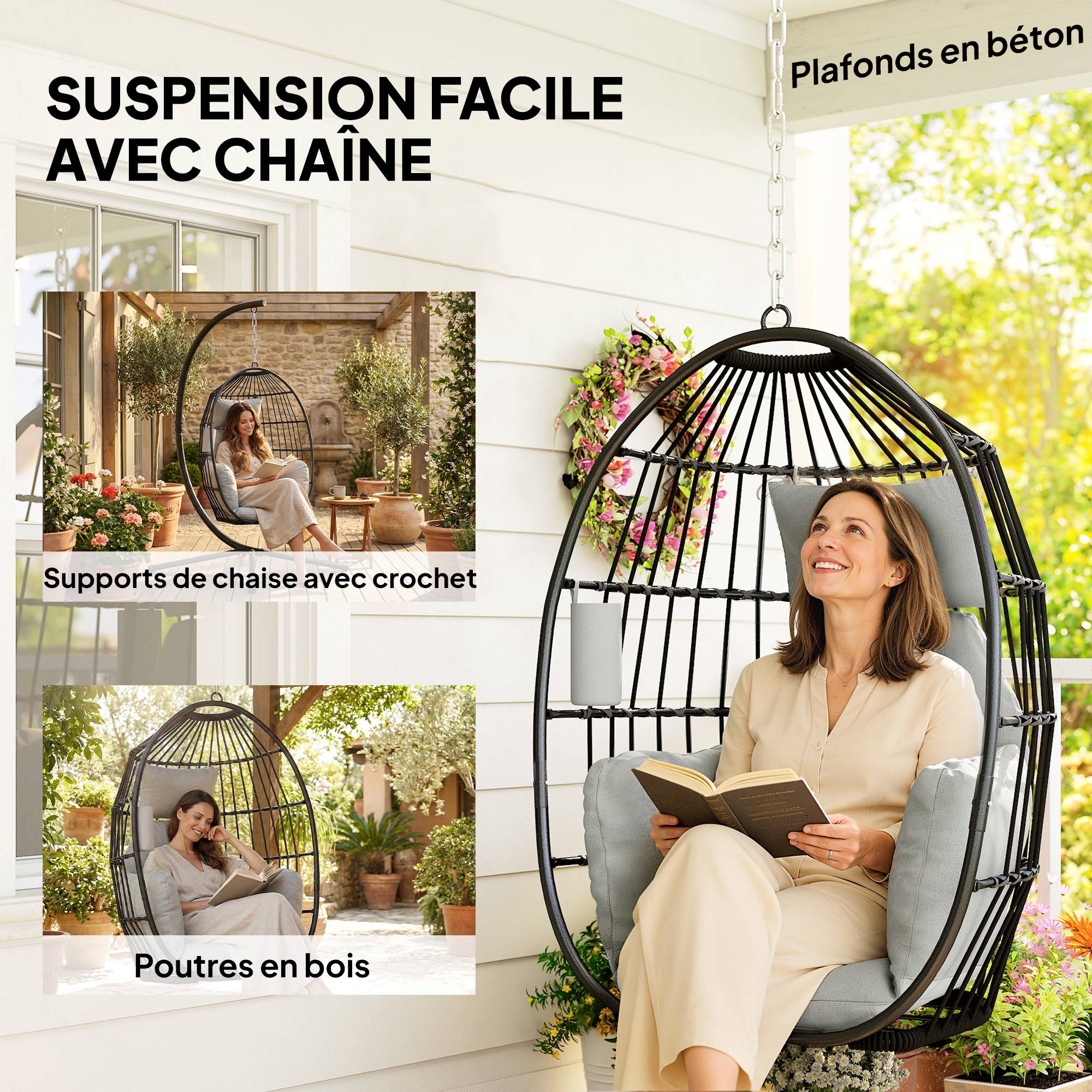 Fauteuil Œuf Suspendu Acier Balcon Pliable Coussin Moelleux Gris - ComfortXL Outdoor Living - Image 10