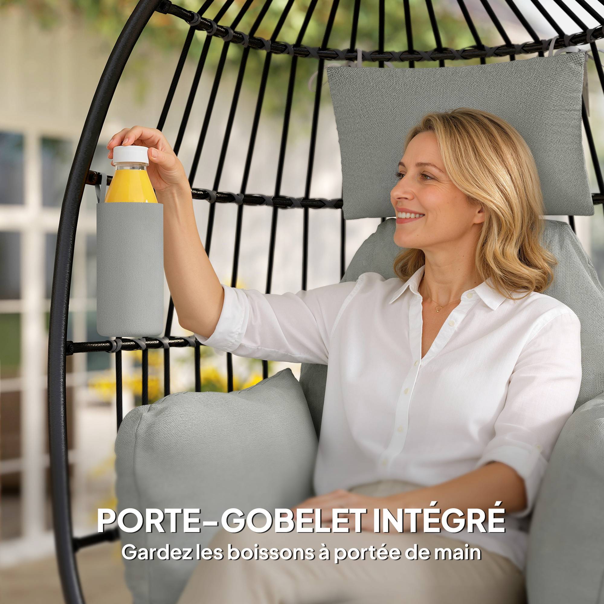 Fauteuil Œuf Suspendu Acier Balcon Pliable Coussin Moelleux Gris - ComfortXL Outdoor Living - Image 9