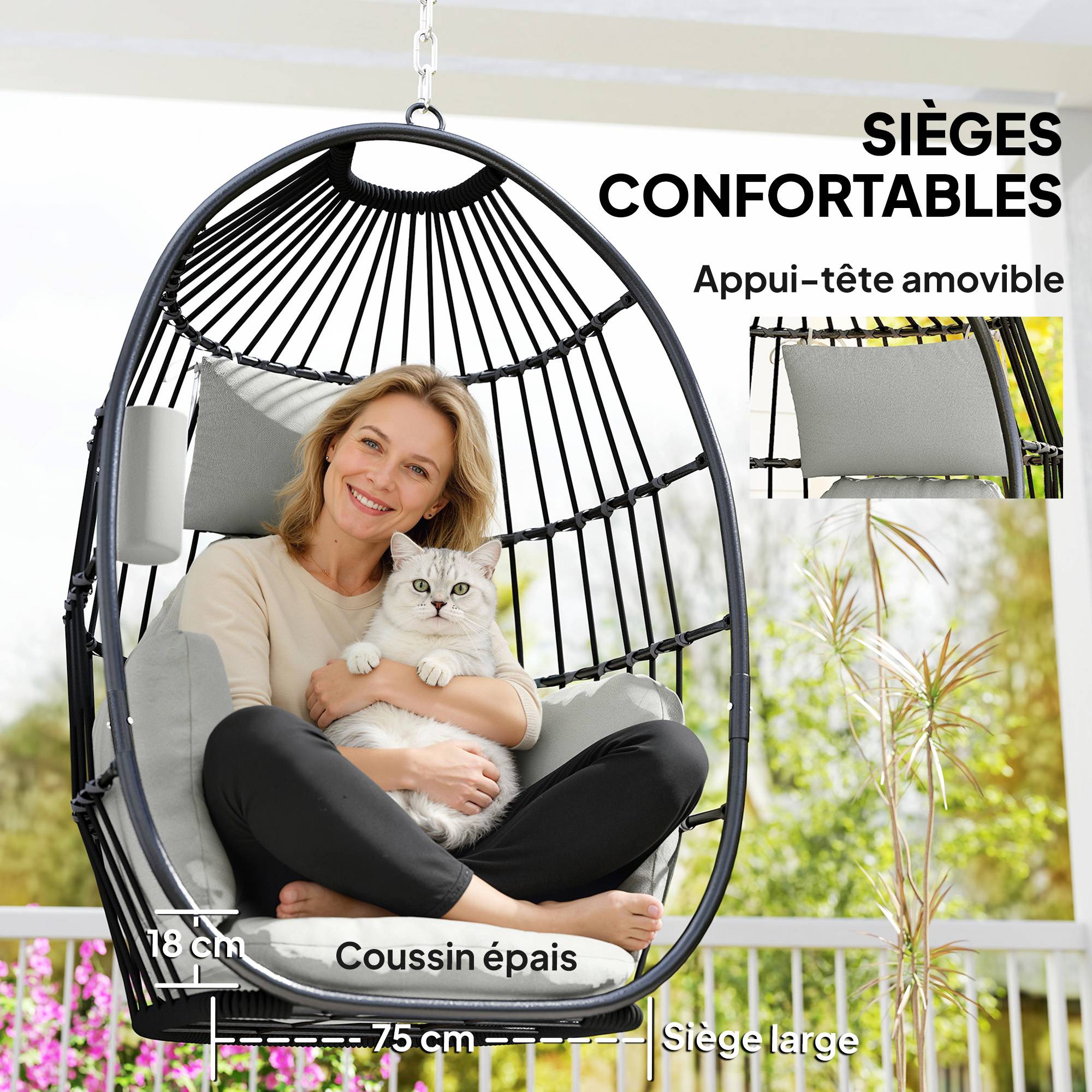 Fauteuil Œuf Suspendu Acier Balcon Pliable Coussin Moelleux Gris - ComfortXL Outdoor Living - Image 8