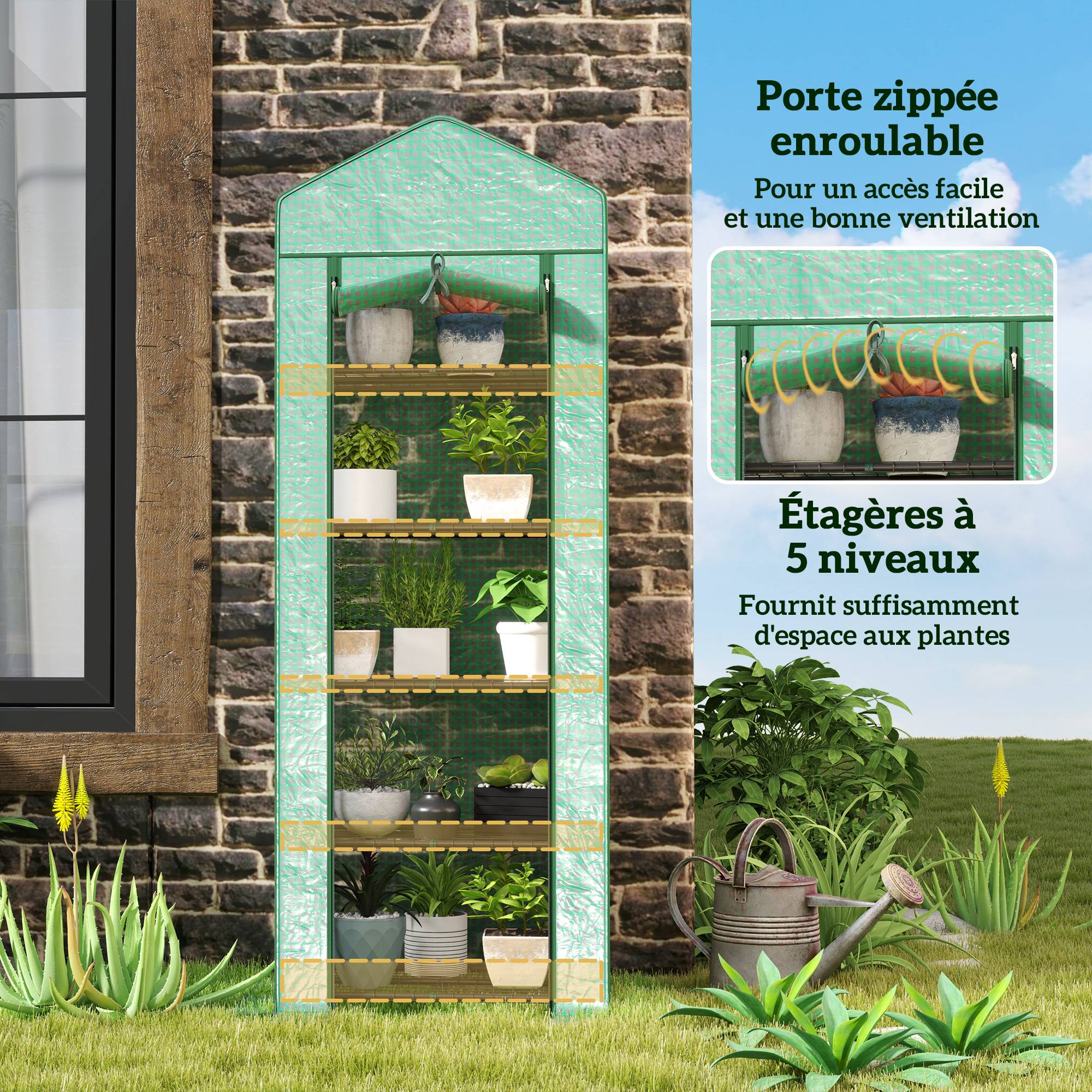 Serre de jardin balcon étagère serre 5 niveaux 0,69 x 0,49 x 1,93 m acier bâche amovible PE vert - Image 7