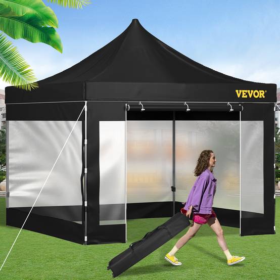 VEVOR Tonnelle imperméable 3x3m pop-up, parois latérales, résistante UV/pluie/neige, sac à roulettes, noir. - Image 8