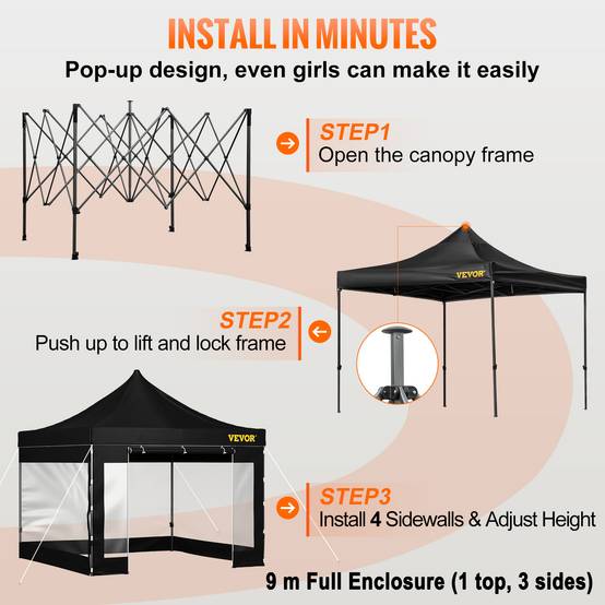 VEVOR Tonnelle imperméable 3x3m pop-up, parois latérales, résistante UV/pluie/neige, sac à roulettes, noir. - Image 5