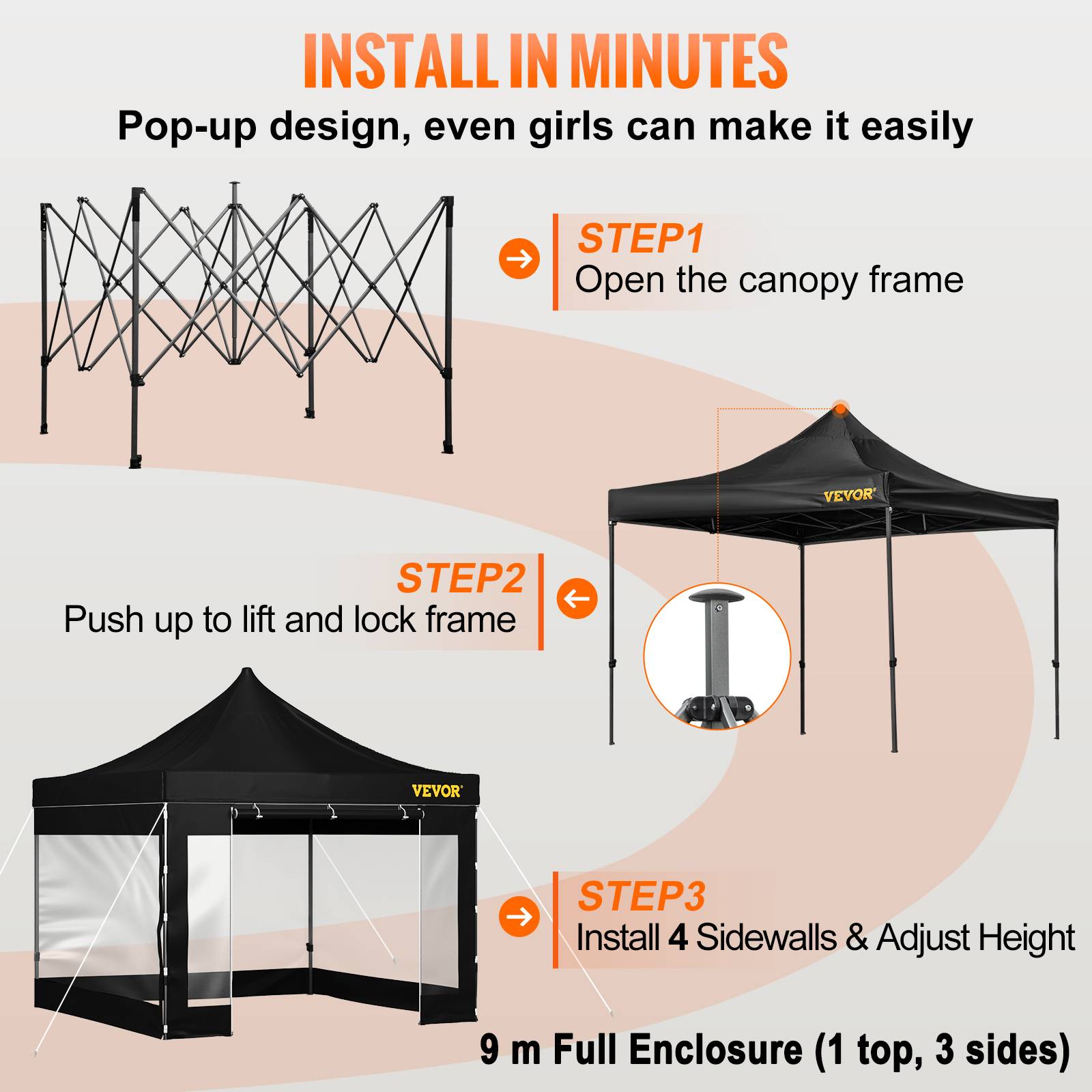 VEVOR Tonnelle imperméable 3x3m pop-up, parois latérales, résistante UV/pluie/neige, sac à roulettes, noir. - Image 5