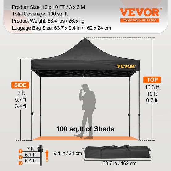VEVOR Tonnelle imperméable 3x3m pop-up, parois latérales, résistante UV/pluie/neige, sac à roulettes, noir. - Image 7