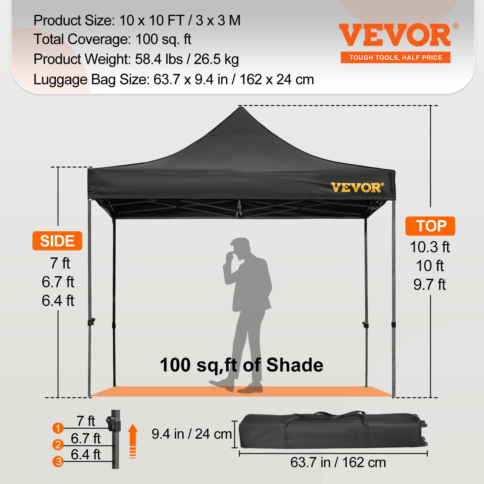 VEVOR Tonnelle imperméable 3x3m pop-up, parois latérales, résistante UV/pluie/neige, sac à roulettes, noir. - Image 7